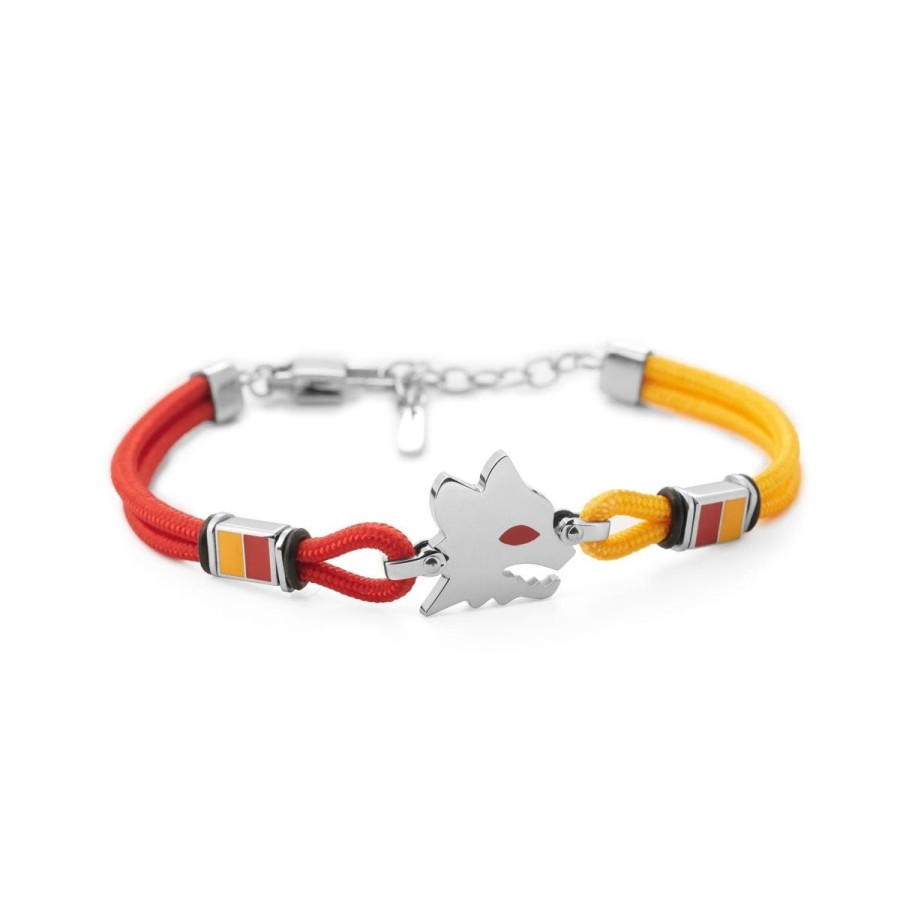 Accessori AS Roma Gioielli | Bracciale Con Placca Centrale Lupetto In Acciaio Anallergico E Cordino In Tessuto Regolabile Rosso E Giallo