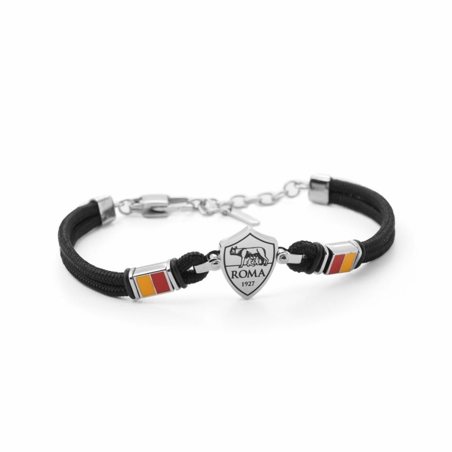 Accessori AS Roma Gioielli | Bracciale Con Placca Centrale Logo In Acciaio Anallergico E Cordino In Tessuto Regolabile Nero