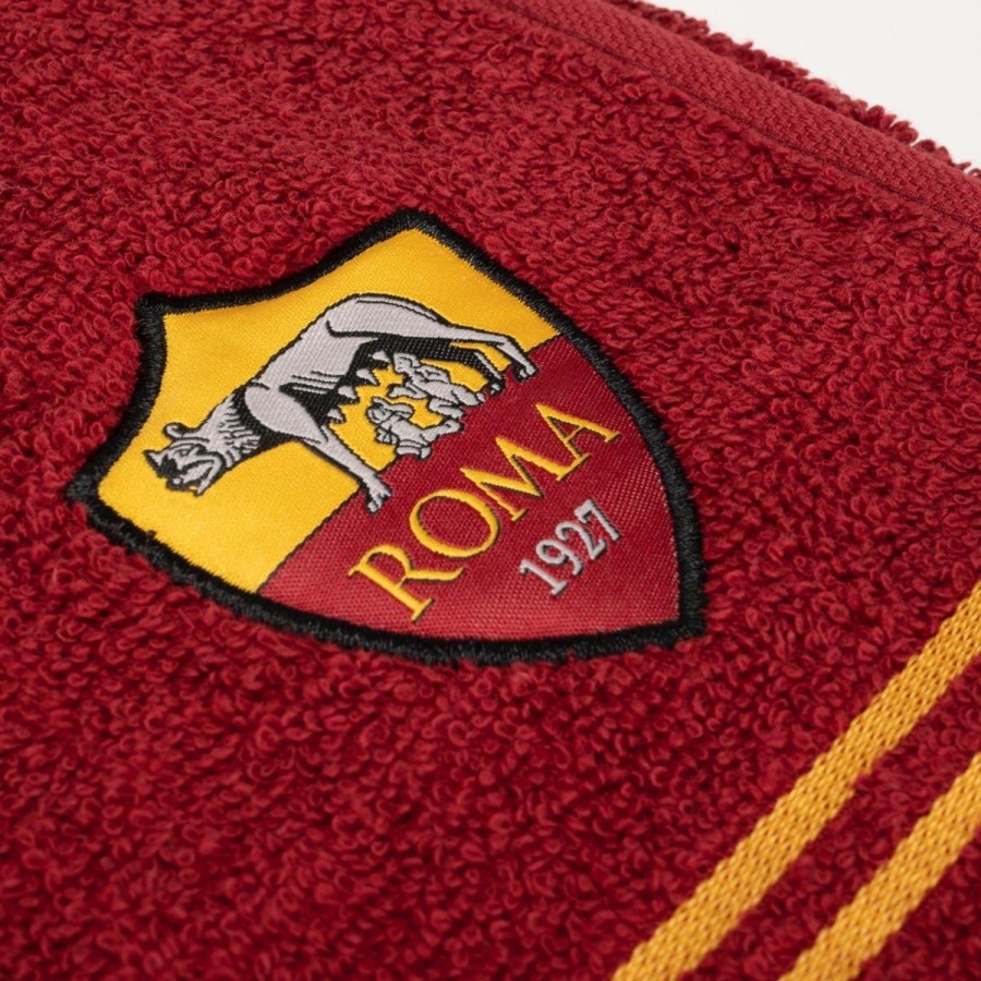 Accessori AS Roma Bagno | Set Di Due Asciugamani In Spugna Con Logo Crest E Bordature Gialle Rosso